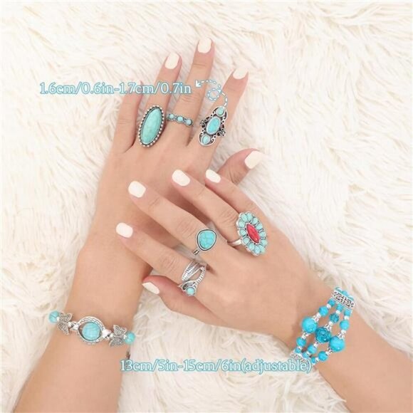 24 Pcs Western Jewelry for Women Boho Set Bohemian Turquoise Jewelry Set - Picture 3 of 6